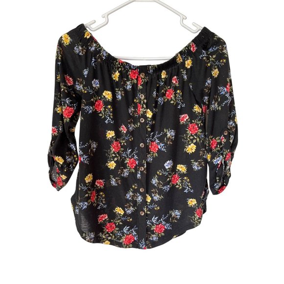 Rue 21 Women's Blouse Size Medium Floral Print Off The Shoulder Button Up Sleeve - Picture 1 of 6